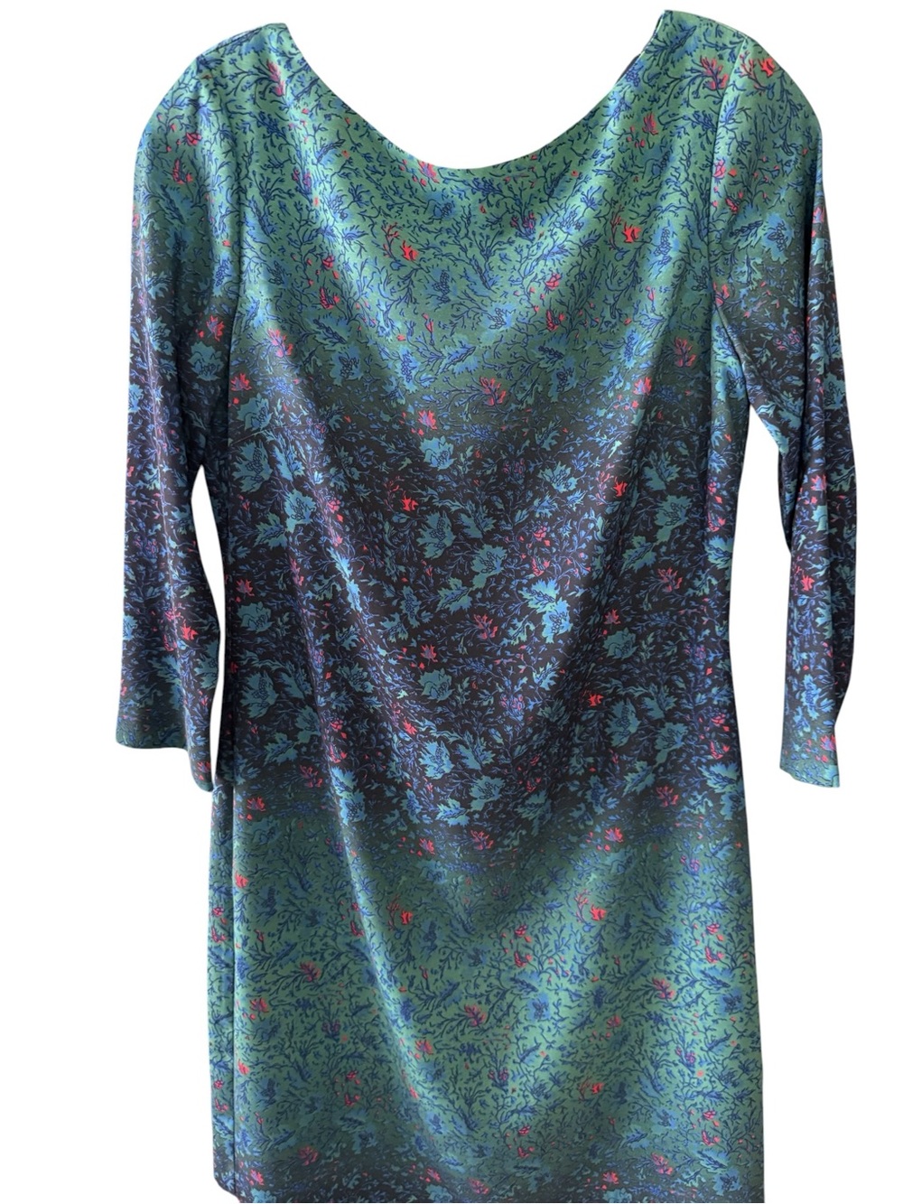 Marchesa Voyage Blue Teal Ombre Coral Print Shift Dress Size 4 3/4 Sleeve Resort